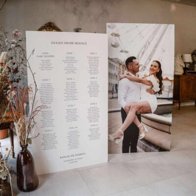 Tablica ze zdjęciem i plan stołów